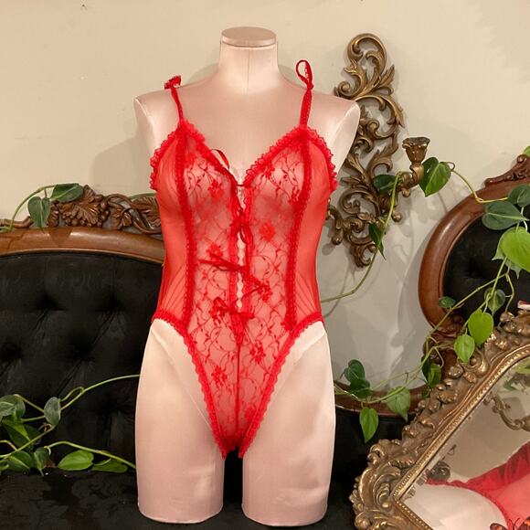 Vintage V-Neck Lace Teddy Bodysuit High Cut lingerie Size L Red - Picture 1 of 7